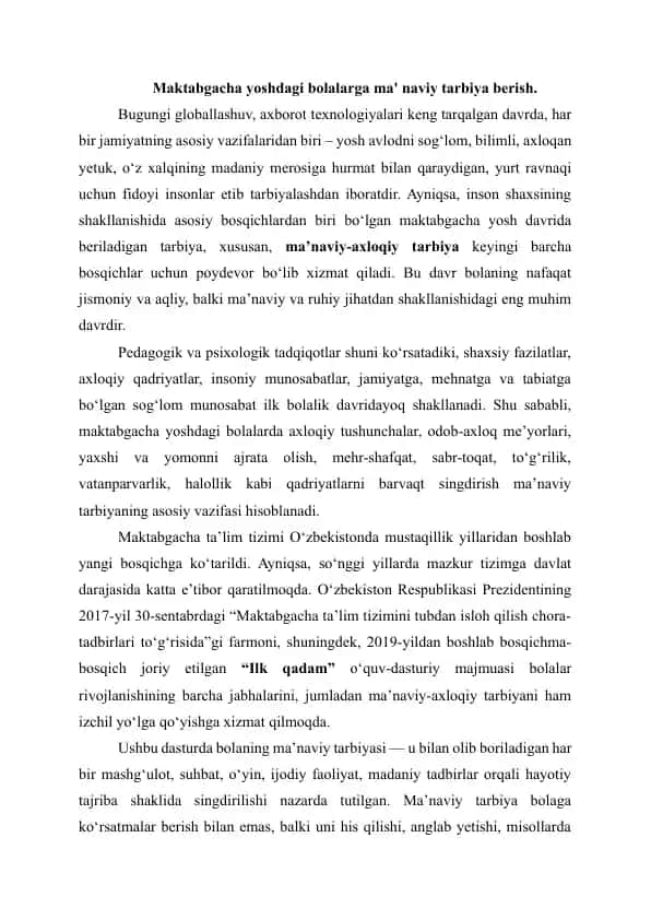 Maktabgacha yoshdagi bolalarga ma'naviy tarbiya berish