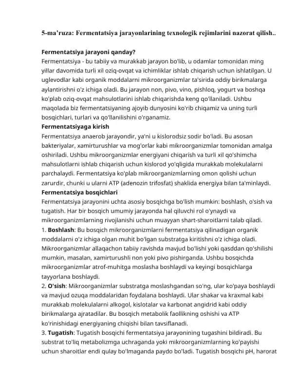 Fermentatsiya jarayonlarining texnologik rejimlarini nazorat qilish