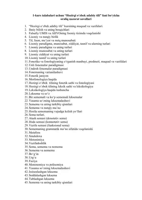 "Hozirgi o‘zbek adabiy tili" fani bo‘yicha oraliq nazorat savollari
