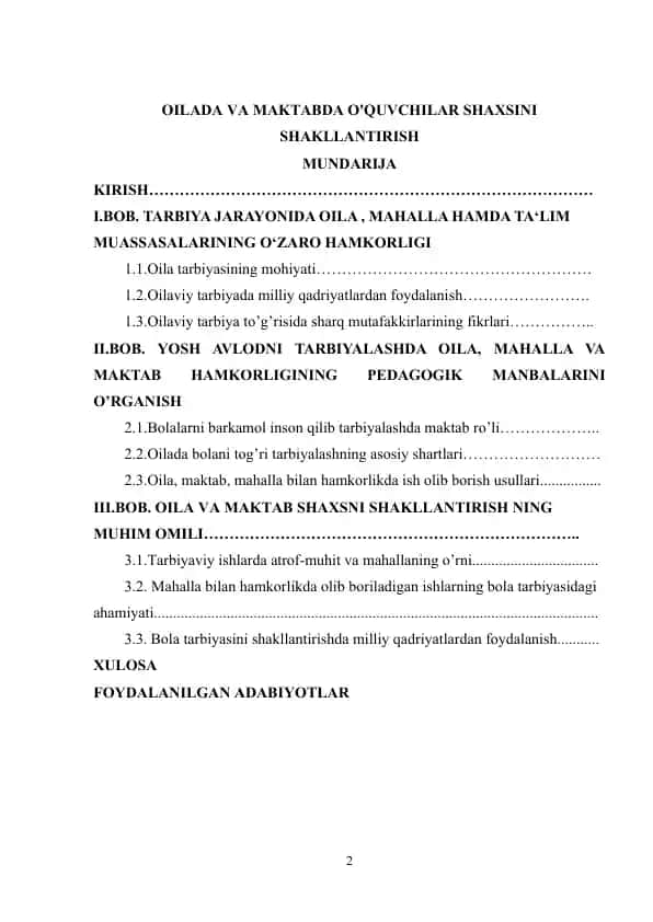 Oilada va maktabda o‘quvchilar shaxsini shakllantirish