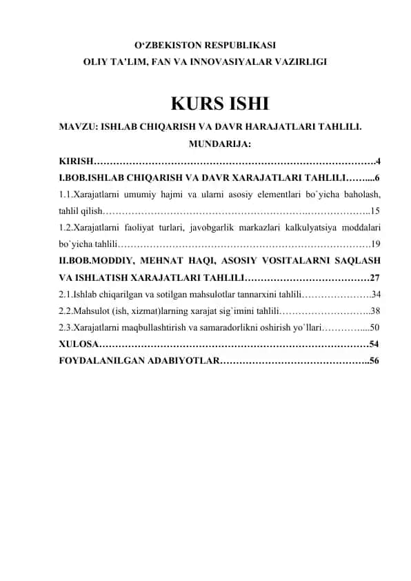 ISHLAB CHIQARISH VA DAVR HARAJATLARI TAHLILI