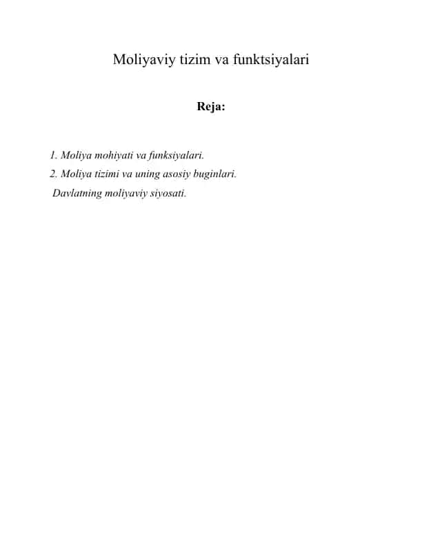 Moliyaviy tizim va funktsiyalari