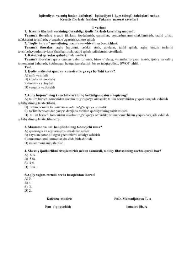 Kreativ fikrlash Yakuniy nazorat savollari