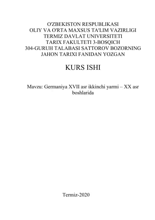 "Germaniya XVII asr ikkinchi yarmi – XX asr boshlarida"