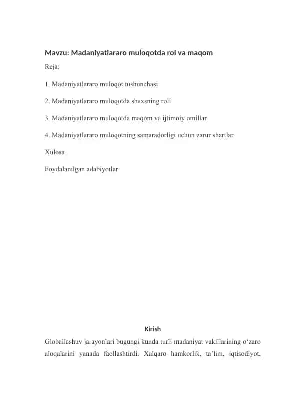 Madaniyatlararo muloqotda rol va maqom
