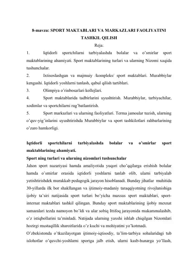 Sport maktablari va markazlari faoliyatini tashkil qilish