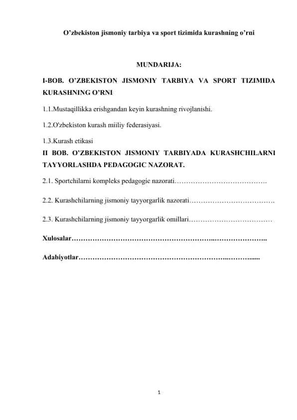 O’zbekiston jismoniy tarbiya va sport tizimida kurashning o’rni