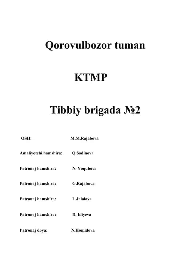 Qorovulbozor tuman KTMP Tibbiy brigada №2 bolalar va aholi ro‘yxatlari