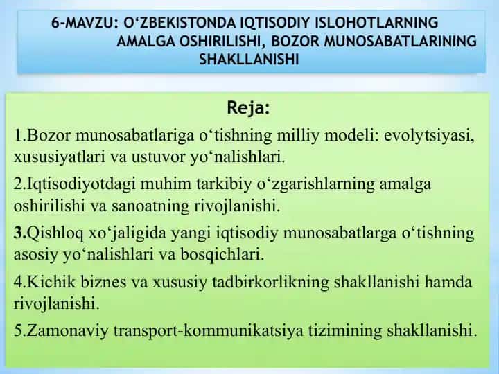 О‘ZBEKISTONDA IQTISODIY ISLOHOTLARNING AMALGA OSHIRILISHI, BOZOR MUNOSABATLARINING SHAKLLANISHI