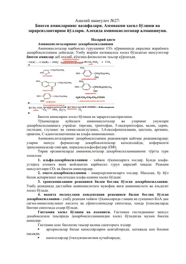 Biogen aminlar va ularning vazifalari