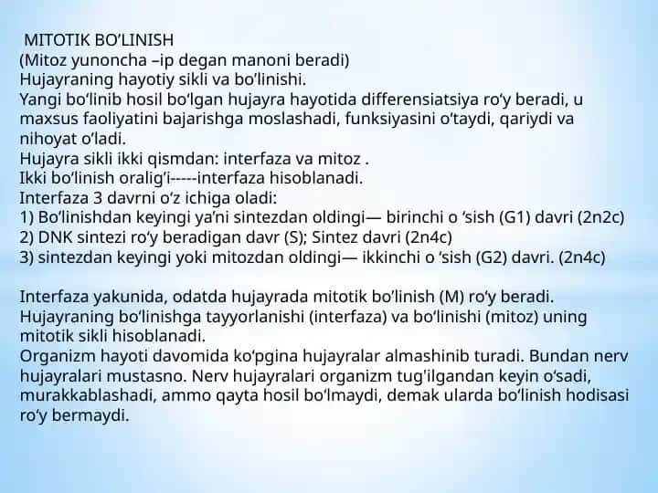 Hujayraning hayotiy sikli va bo’linishi