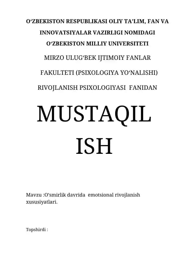 O’smirlik davrida emotsional rivojlanish xususiyatlari