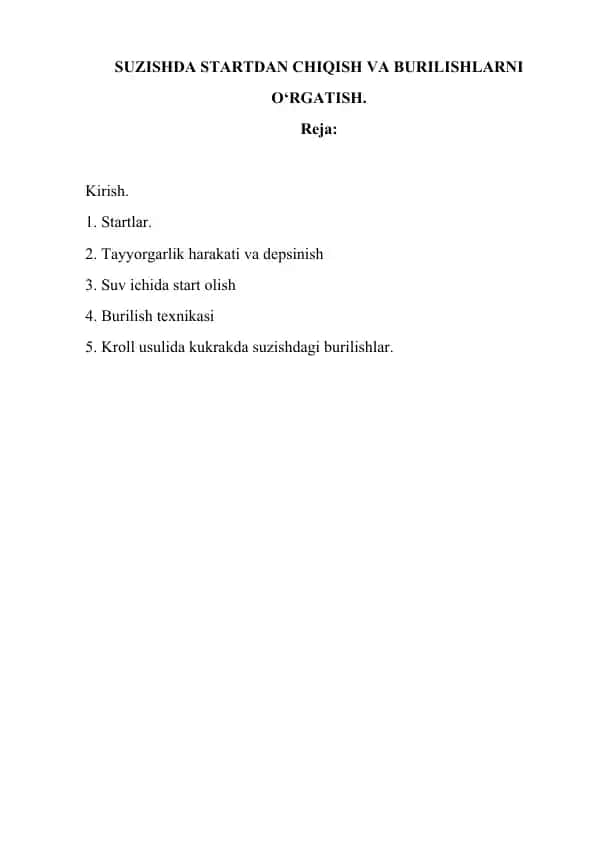 SUZISHDA STARTDAN CHIQISH VA BURILISHLARNI O‘RGATISH