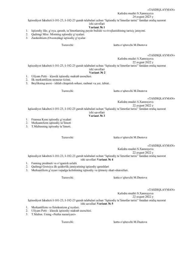Iqtisodiy ta’limotlar tarixi fanidan oraliq nazorat ishi savollari