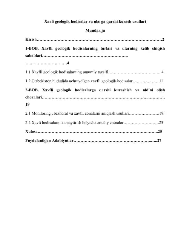 Xavli geologik hodisalar va ularga qarshi kurash usullari