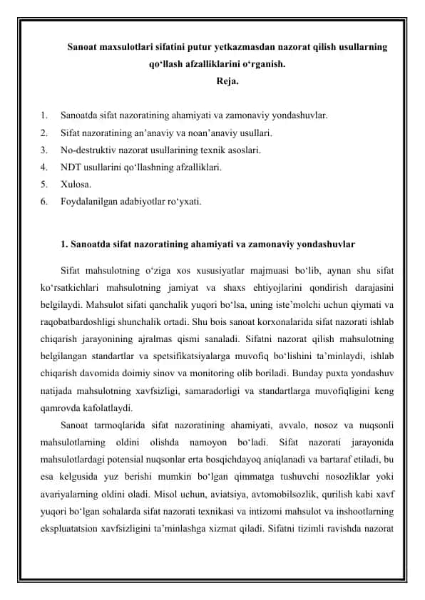 Mahsulot sifatini putur yetkazmasdan nazorat qilish