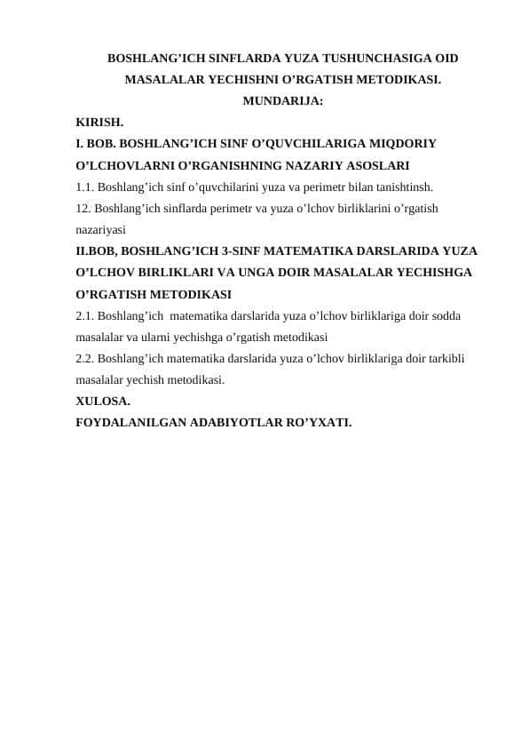Boshlang’ich sinflarda yuza tushunchasiga oid masalalar yechishni o’rgatish metodikasi