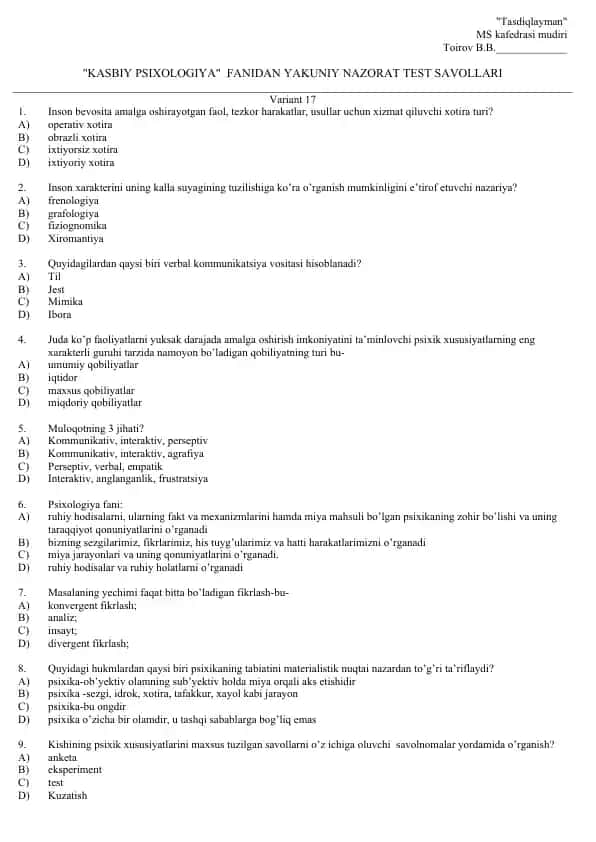 "KASBIY PSIXOLOGIYA" FANIDAN YAKUNIY NAZORAT TEST SAVOLLARI