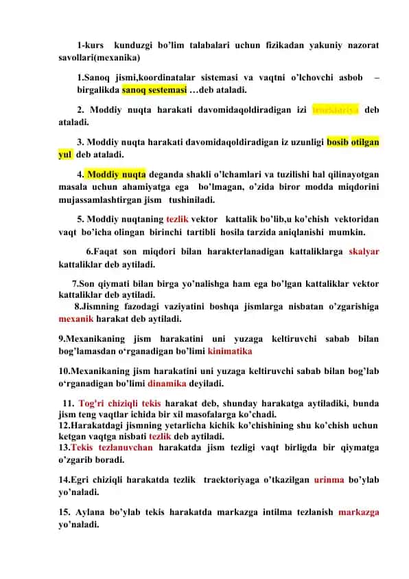 Fizikadan yakuniy nazorat savollari (Mexanika)
