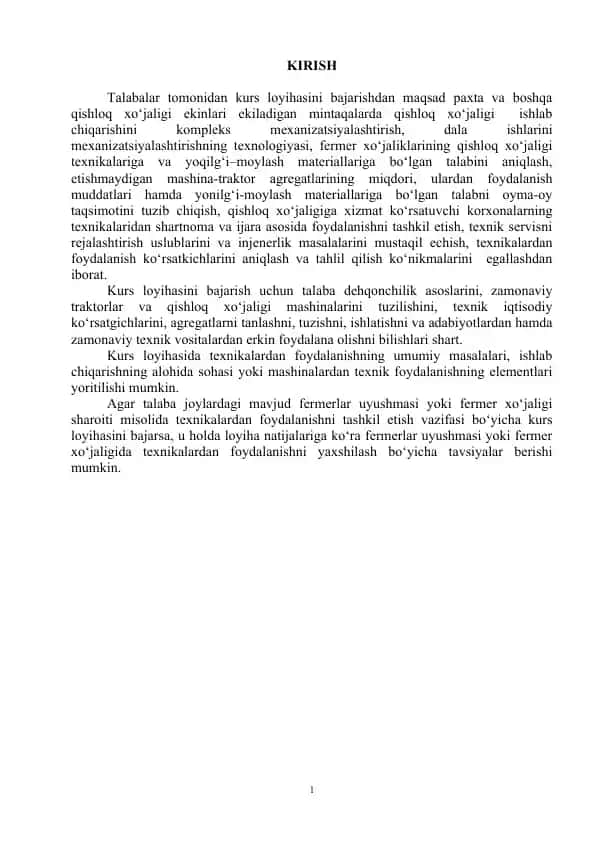 Qishloq xo‘jaligi texnikalari kompleks mexanizatsiyalashtirish