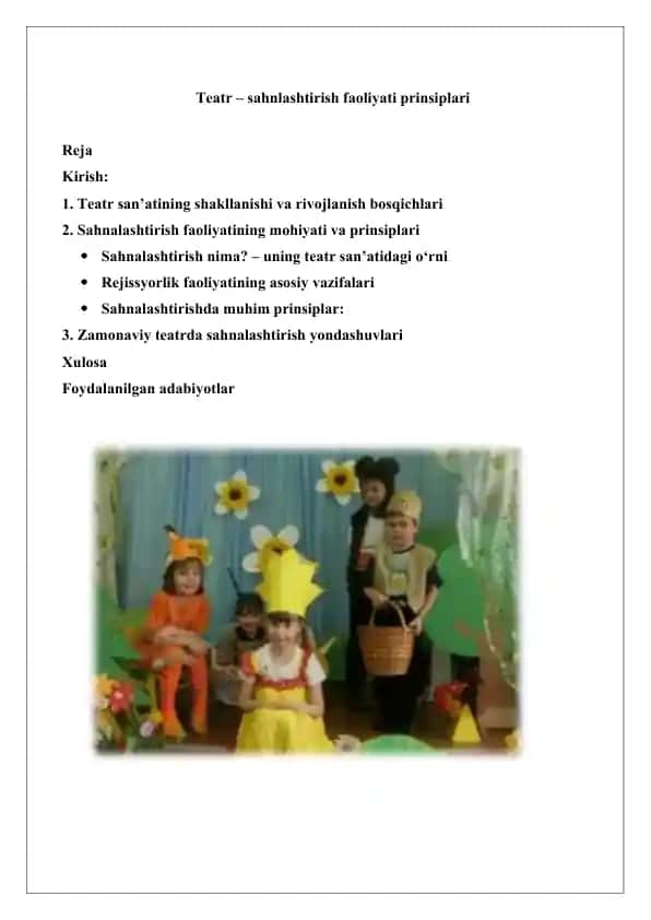 Teatr – Sahnlashtirish faoliyati prinsiplari
