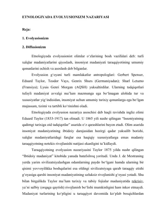 ETNOLOGIYADA EVOLYUSIONIZM NAZARIYASI