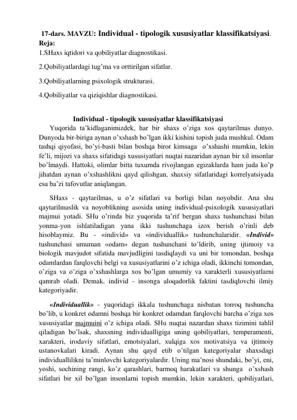 Individual - tipologik xususiyatlar klassifikatsiyasi
