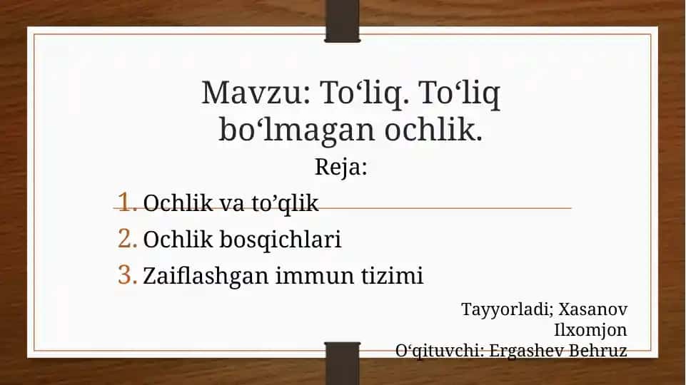 Ochlik va to’qlik