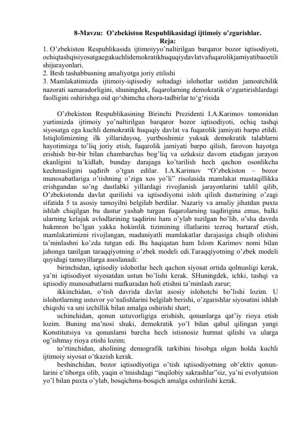 O’zbekiston Respublikasidagi ijtimoiy o’zgarishlar