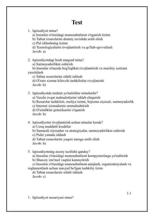 Iqtisodiyot nazariyasidan testlar 1-kurs