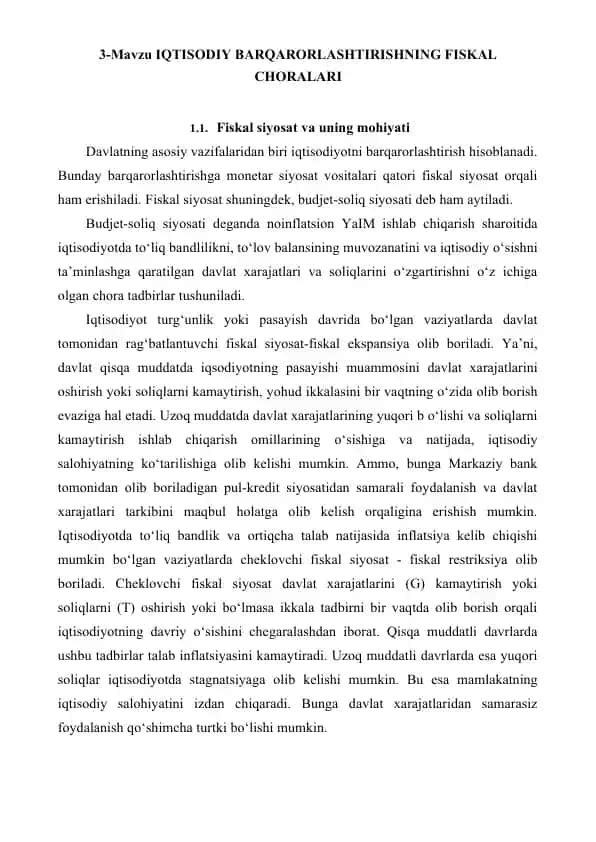 IQTISODIY BARQARORLASHTIRISHNING FISKAL CHORALARI