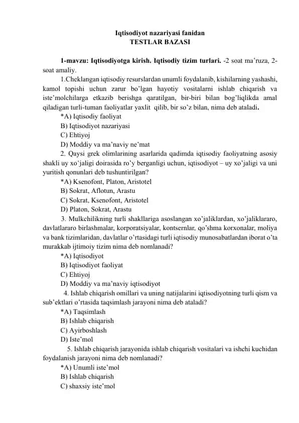 Iqtisodiyot nazariyasi fanidan testlar bazasi