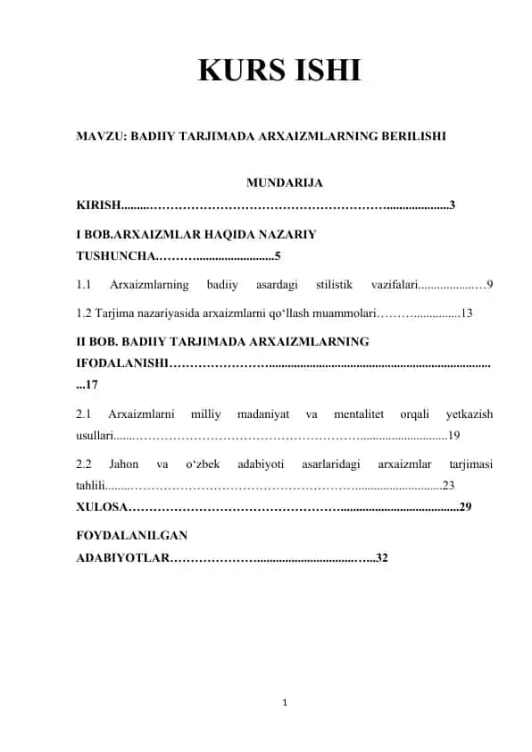 Badiiy Tarjimada Arxaizmlarning Berilishi