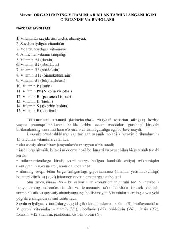 Vitaminlar bilan ta’minlanganligi