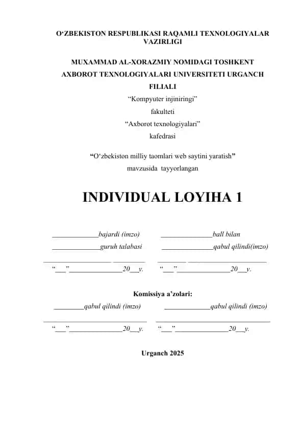 "O‘ZBEKISTON RESPUBLIKASI RAQAMLI TEXNOLOGIYALAR VAZIRLIGI MUXAMMAD AL-XORAZMIY NOMIDAGI TOSHKENT AXBOROT TEXNOLOGIYALARI UNIVERSITETI URGANCH FILIALI"