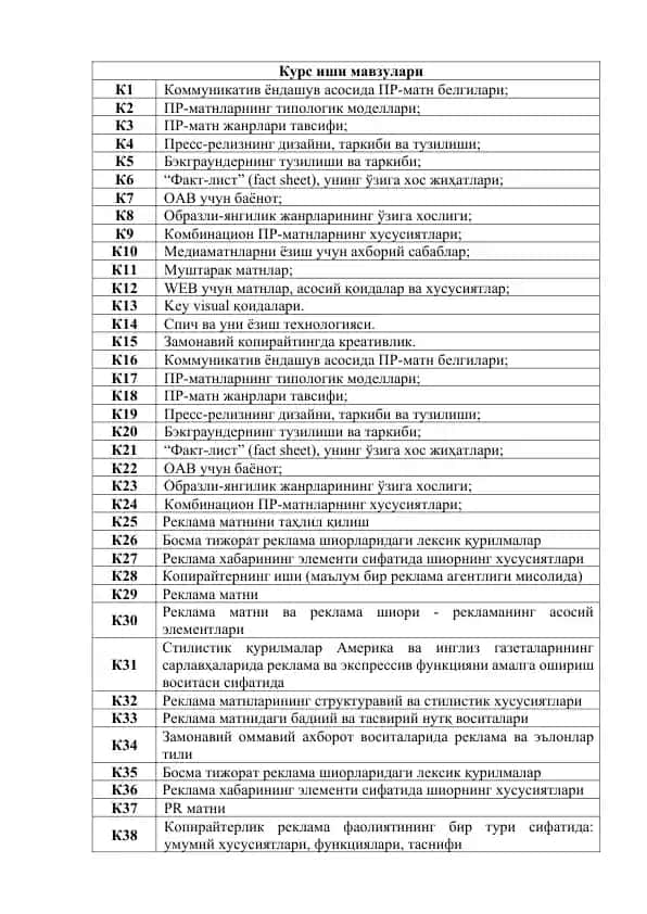 Kurs ishi mavzulari