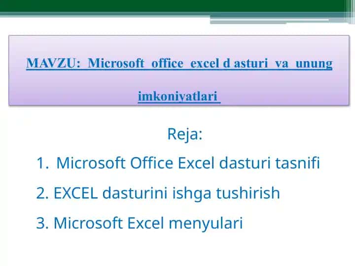 Microsoft Office Excel dasturi tasnifi