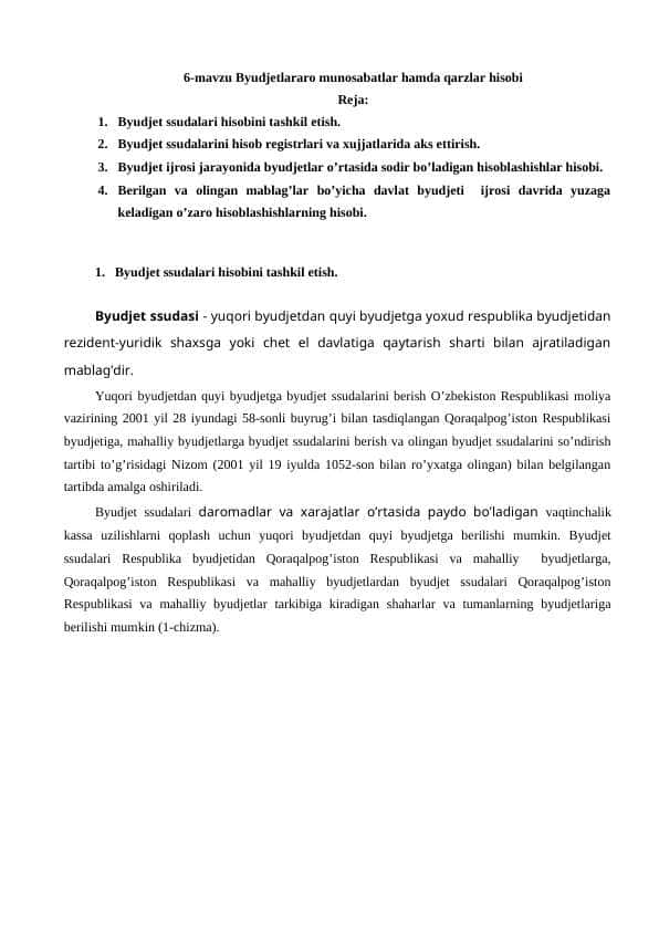 Byudjetlararo munosabatlar hamda qarzlar hisobi