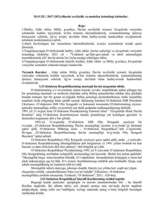 2017-2021yillarda xavfsizlik va mudofaa tizimidagi islohotlar