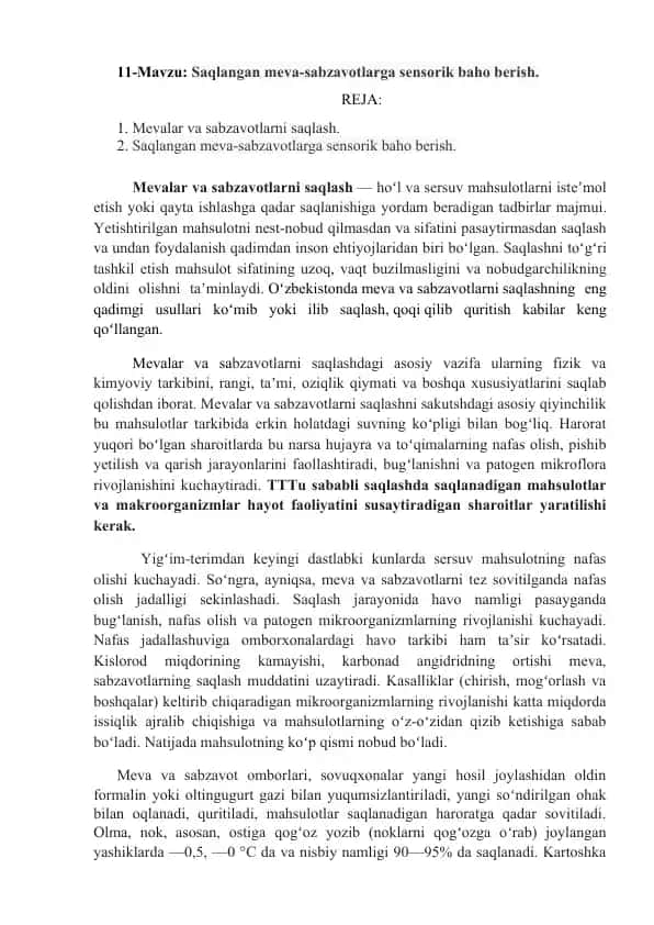 Mevalar va sabzavotlarni saqlash