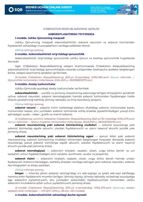 O‘ZBEKISTON RESPUBLIKASINING QONUNI