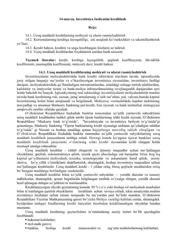 Investitsiya faoliyatini kreditlash