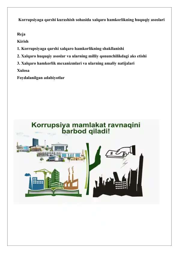 Korrupsiyaga qarshi kurashish sohasida xalqaro hamkorlikning huquqiy asoslari