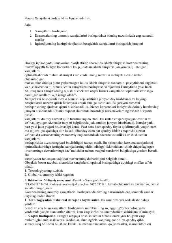 Xarajatlarni boshqarish va byudjetlashtirish