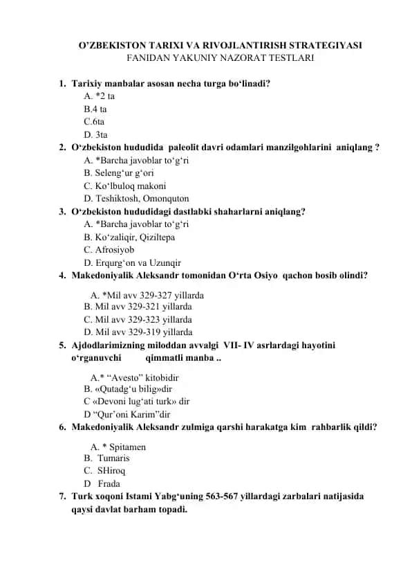 O’ZBEKISTON TARIXI VA RIVOJLANTIRISH STRATEGIYASI FANIDAN YAKUNIY NAZORAT TESTLARI
