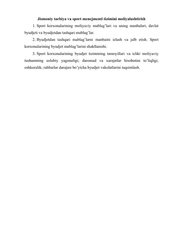 Jismoniy tarbiya va sport menejmenti tizimini moliyalashtirish