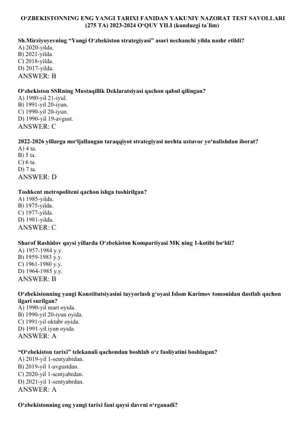 O‘ZBEKISTONNING ENG YANGI TARIXI FANIDAN YAKUNIY NAZORAT TEST SAVOLLARI (275 TA) 2023-2024 O‘QUV YILI (kunduzgi ta`lim)