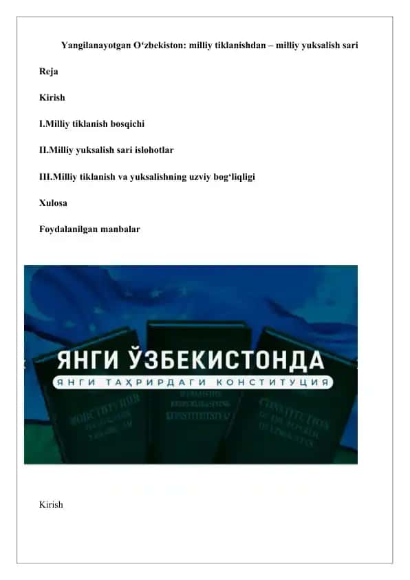 Yangilanayotgan Oʻzbekiston milliy tiklanishdan – milliy yuksalish sari