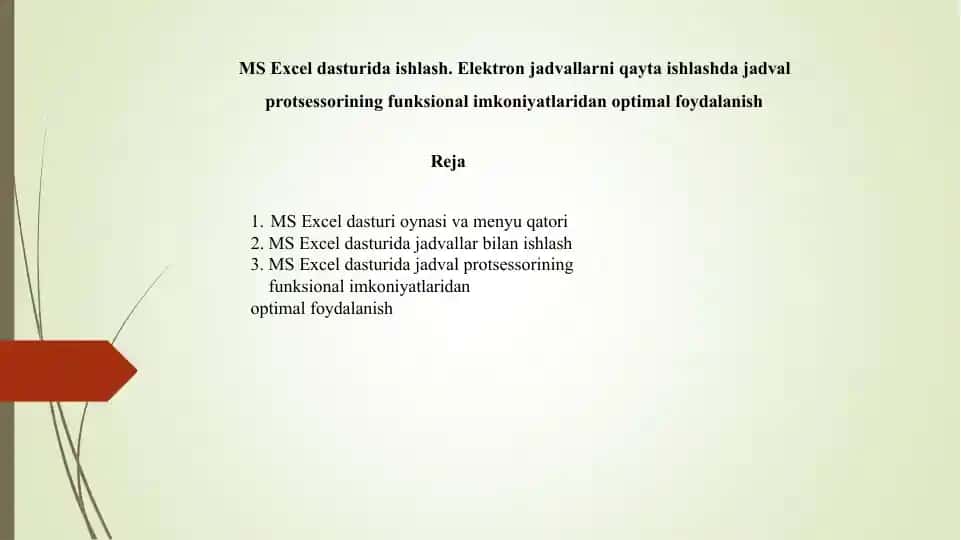 MS Excel dasturida ishlash. Elektron jadvallarni qayta ishlashda jadval protsessorining funksional i