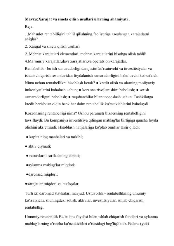 Xarajat va smeta qilish usullari ularning ahamiyati